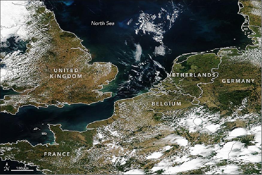 Figure 16: MODIS image of the landscape of the United Kingdom and northwestern Europe as of 15 July 15 2018 (image credit: NASA Earth Observatory, image by Lauren Dauphin, using MODIS data from LANCE/EOSDIS Rapid Response. Story by Kasha Patel)