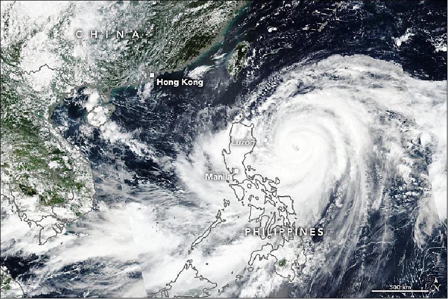 Figure 7: The super typhoon made landfall on the northernmost island in the Philippine archipelago. VIIRS acquired this image on 14 September 2018 (image credit: NASA Earth Observatory, image by Lauren Dauphin, using VIIRS data from Suomi NPP, story by Mike Carlowicz)