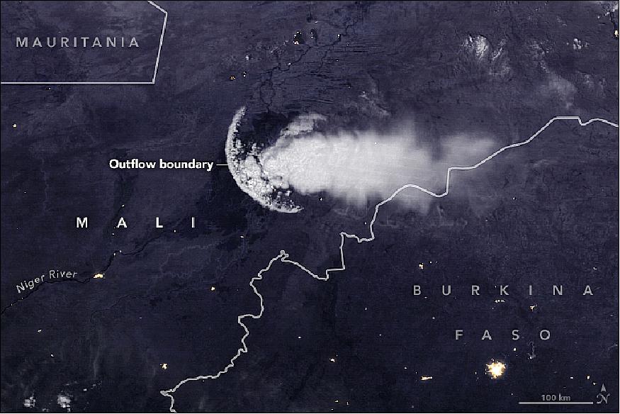 Figure 6: The peculiar curved shape of this cloud over Mali is the product of a phenomenon associated with thunderstorms. The image was acquired by the "day-night band" (DNB) on VIIRS (Visible Infrared Imaging Radiometer Suite) on Suomi NPP early on 27 September 2018. The DNB sensor detects dim light signals such as auroras, airglow, and city lights (image credit: NASA Earth Observatory, image by Joshua Stevens, using VIIRS day-night band data from the Suomi NPP mission, story by Adam Voiland)