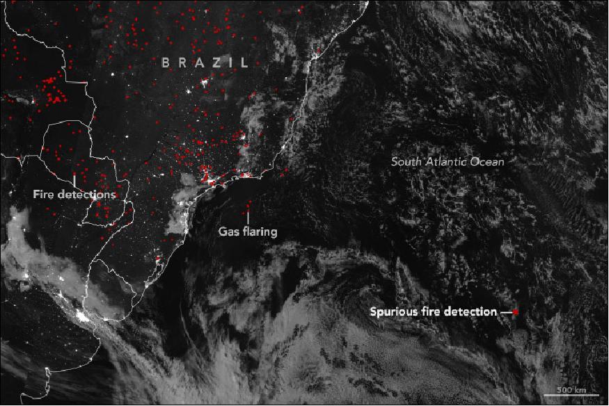 Figure 5: High-energy particles from the South Atlantic Magnetic Anomaly occasionally trick satellite sensors. On July 14, 2017, VIIRS on the Suomi NPP satellite captured this night image of the South Atlantic. The red dot several hundred kilometers off the coast of Brazil is a thermal anomaly—an area of Earth's surface flagged by the satellite as being unusually warm (image credit: NASA Earth Observatory, image by Lauren Dauphin, using VIIRS day-night band data from the Suomi NPP mission, story by Adam Voiland)