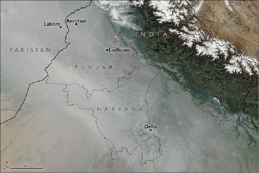 Figure 3: VIIRS image of northern India acquired on 31 October 2018 (image credit: NASA Earth Observatory, image by Joshua Stevens, using VIIRS data from Suomi NPP)