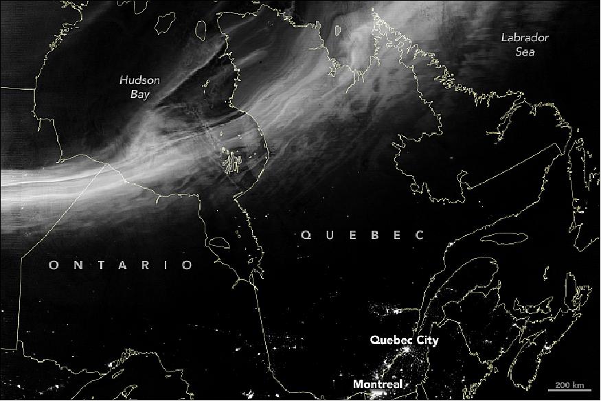 Figure 2: The image shows the aurora over eastern Canada on 12 November 2018. Satellite imagery and ground reports indicate the aurora was also visible from Alaska, Norway, and Scotland around that time (image credit: NASA Earth Observatory, image by Joshua Stevens, using VIIRS day-night band data from the Suomi NPP, story by Kasha Patel)
