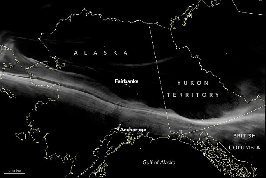 Figure 1: This image shows the aurora over Alaska very early on 5 November 2018. The light was so bright that it illuminated the terrain below. The aurora likely appeared brighter that night because it occurred two days before a new moon, meaning the sky was darker than at other times in the lunar cycle (image credit: NASA Earth Observatory, image by Joshua Stevens, using VIIRS day-night band data from the Suomi NPP, story by Kasha Patel)