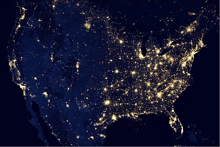 Figure 92: This image of the continental United States at night is a composite assembled from data acquired by the Suomi NPP satellite in April and October 2012 (image credit: NASA Earth Observatory/NOAA NGDC, Ref. 78)