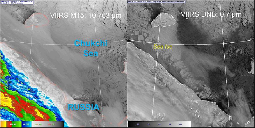 Figure 85: VIIRS imagery in the MI5 spectral band (left) and the DNB (right) of the western Chukchi Sea. Note how the sea ice structure and other surface detail so readily apparent in the DNB image is not visible at all in the thermal IR image (image credit: NOAA/CIRA)