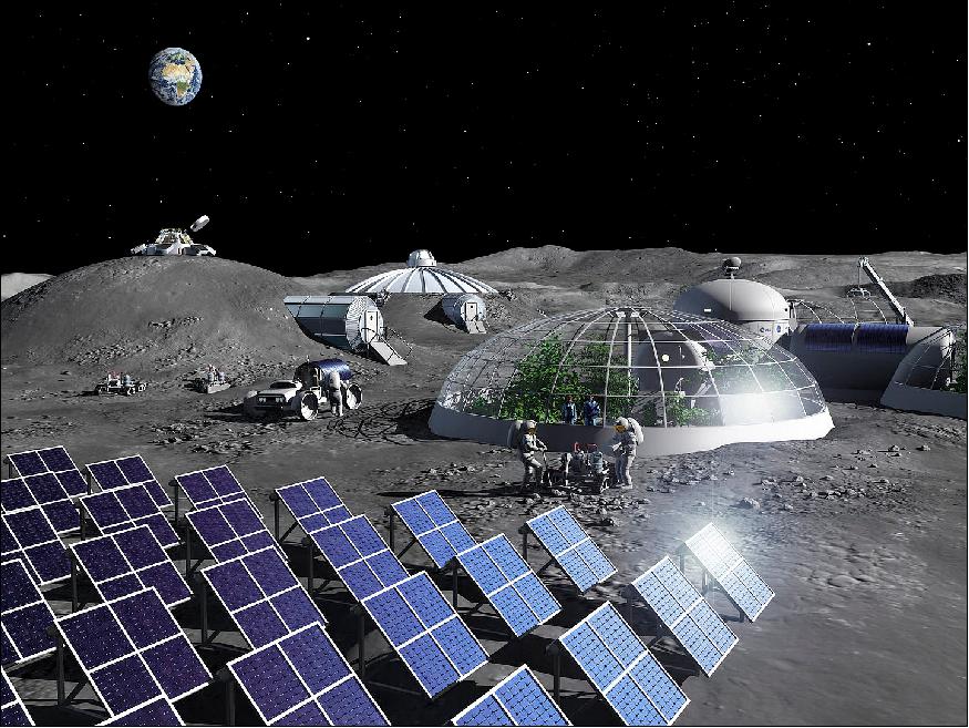 Figure 6: Artist impression of activities in a Moon Base. Power generation from solar cells, food production in greenhouses and construction using mobile 3D printer-rovers (image credit: ESA, P. Carril) 3)