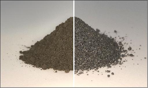 Figure 1: On the left side of this before and after image is a pile of simulated lunar soil, or regolith; on the right is the same pile after essentially all the oxygen has been extracted from it, leaving a mixture of metal alloys. Both the oxygen and metal could be used in the future by settlers on the Moon (image credit: Beth Lomax, University of Glasgow)