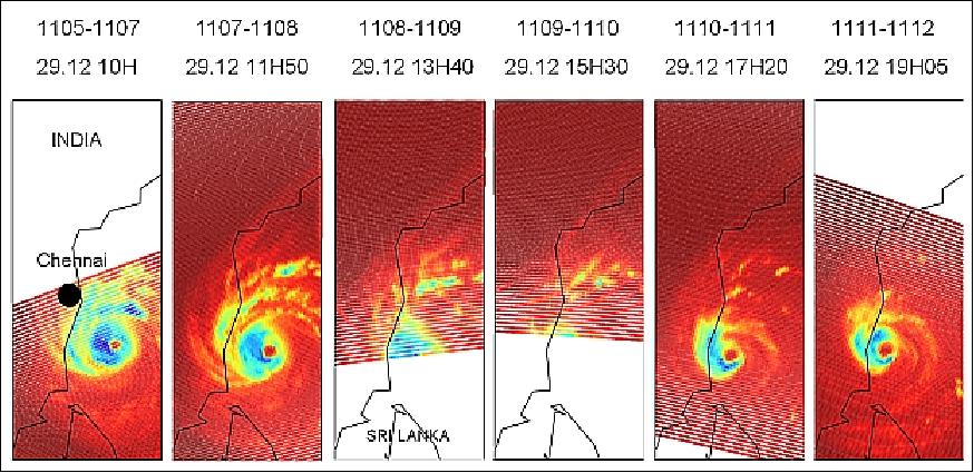 Figure 13: Evolution of cyclone Thane on December 29, 2011 as seen by the SAPHIR instrument (image credit: CNES)