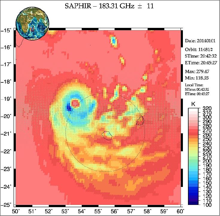 Figure 11: SAPHIR image of Typhoon Bejisa acquired on January 01, 2014 (image credit: LATMOS)