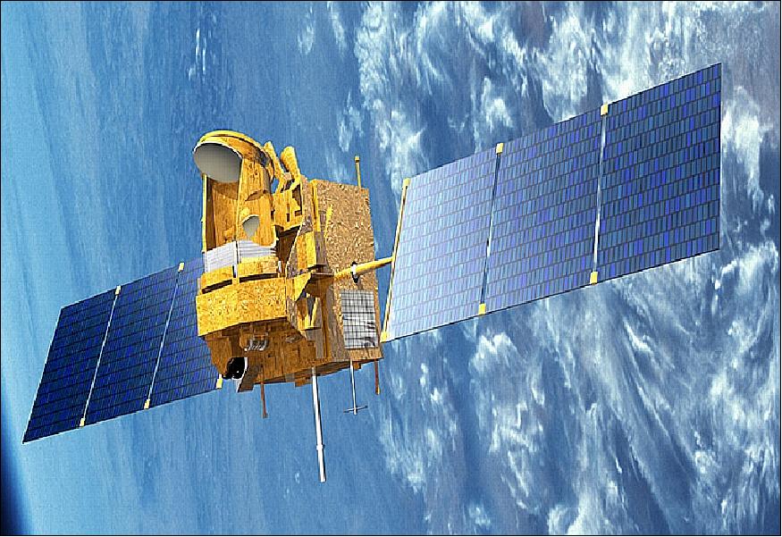 Figure 1: Artist's rendition of the Megha-Tropiques spacecraft in orbit (image credit: ISRO, CNES)