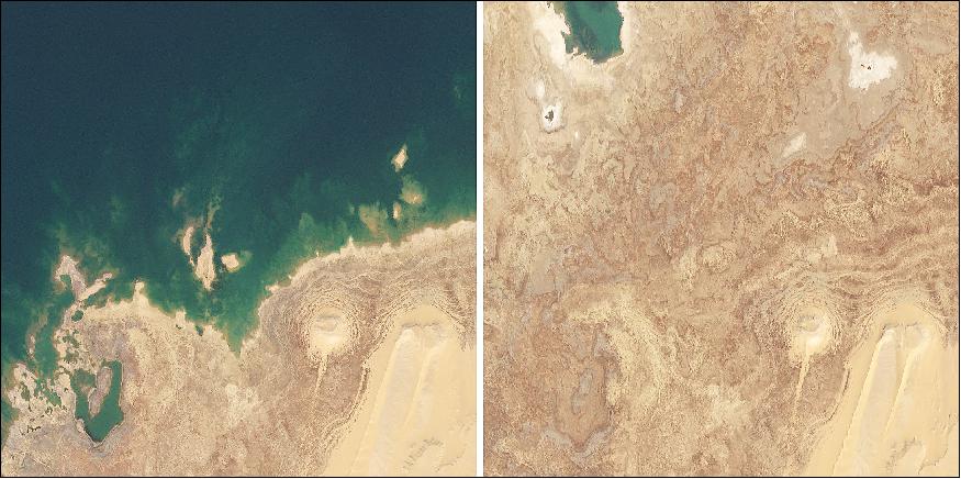 Figure 20: Since filling in the late 1990s, the Toshka Lakes in southern Egypt have fluctuated wildly due to changes in rainfall over the Nile River Watershed. These changes are visible in complex fossil shorelines in the dry lake-bed. These RapidEye images show the changes in one of the lakes from January 9, 2011 to February 28, 2019 (image credit: 2011 and 2019, Planet Labs Inc. All Rights Reserved)