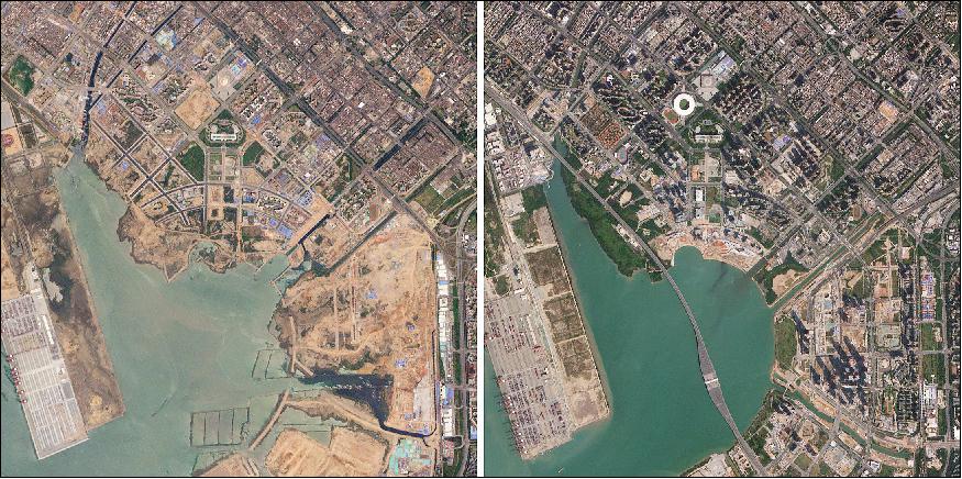 Figure 19: Shenzhen, in China's Pearl River Delta, grew tremendously during the life of the RapidEye constellation. This image pair, from May 1, 2009 and November 5, 2019, shows the transformation of the area around Qianhai Bay (image credit: Planet Labs Inc. All Rights Reserved)