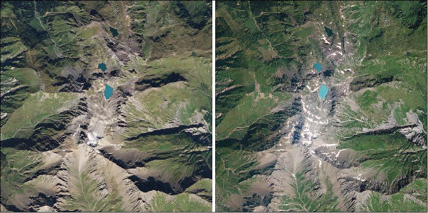 Figure 18: Over the course of a decade, Switzerland's Pizol Galcier wasted away, transforming from an active glacier into scattered snow fields. The imagery was captured on September 8, 2009 (left) and August 9, 2019 (right), image credit: Planet Labs Inc. All Rights Reserved