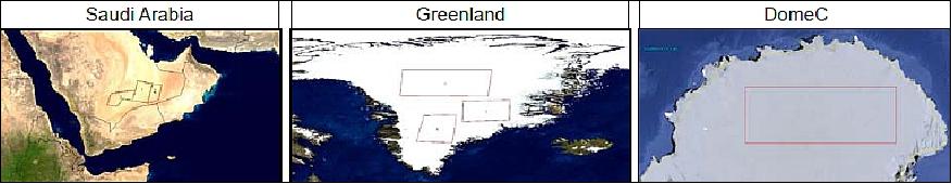 Figure 34: Desert sites on the Arabian Peninsula, Snowfield sites in Greenland and the Dome C region in Antarctica (image credit: BlackBridge)