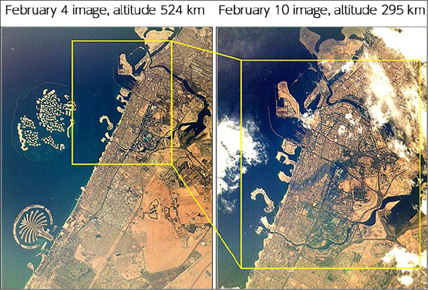 Figure 22: The OPS images above Dubai, the United Arab Emirates, observed on February 4 and 10, 2018 at different altitudes (image credit: JAXA)