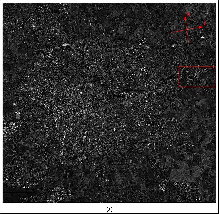 Figure 17: P-mode image of Rennes city, France. (a) Whole image; (b) Partial enlarged view of red rectangle area in (a), image credit: Institute of Electronics, CAS