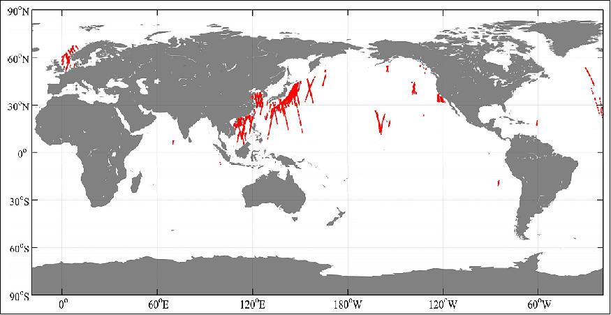 Figure 6: Geographical locations of the 3170 GF-3 QPS mode data used in this study (image credit: Key Laboratory of Digital Earth Science, Institute of Remote Sensing and Digital Earth, CAS)
