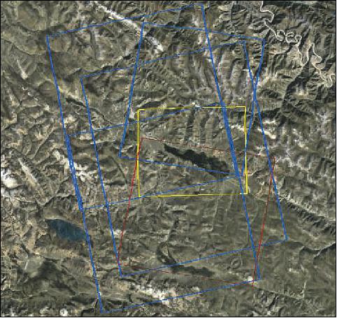 Figure 5: Coverage of collected remote sensing data. The blue squares represent the GF-3 quad-polarized SAR data. The red square represents the GF-2 optical imagery. The yellow square represents the Longbao protected plateau wetland scope (image credit: Institute of Remote Sensing and Digital Earth/CAS)
