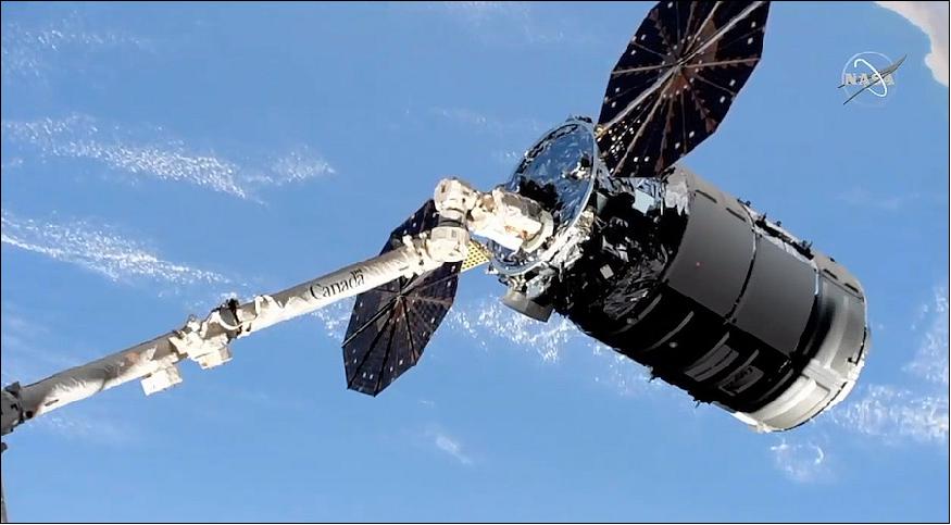 Figure 10: The NG-12 Cygnus supply ship was captured by the space station's robotic arm at 4:10 a.m. EST (09:10 GMT) Monday (image credit: NASA TV/Spaceflight Now)