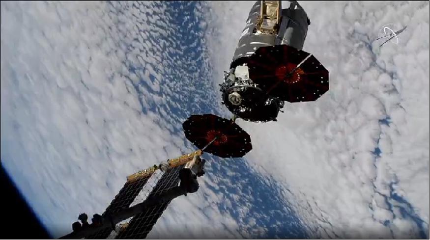 Figure 5: The U.S. Cygnus space freighter is pictured moments after the Canadarm2 robotic arm released the 12th resupply ship from Northrop Grumman on January 31, 2020 (image credit: NASA TV)