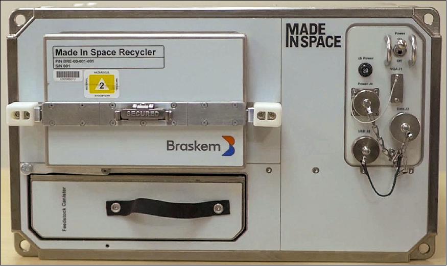 Figure 2: Preflight image of the Made in Space - Recycler. This instrument utilizes polymer materials to produce filament that is transferred to Manufacturing Device to perform printing operations. This investigation shows the value of closing the loop between the printer and recycling materials utilized by the printer. This has implications for space conservation and deep space missions (image credit: Made In Space, Inc., NASA)