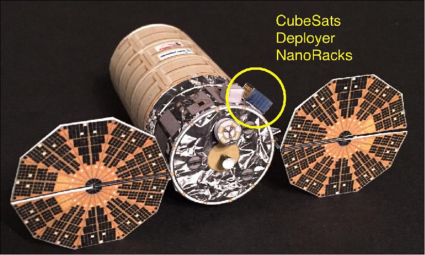 Figure 8: The CubeSat deployer and its location on the outside of the Cygnus spacecraft (image credit: Northrop Grumman)