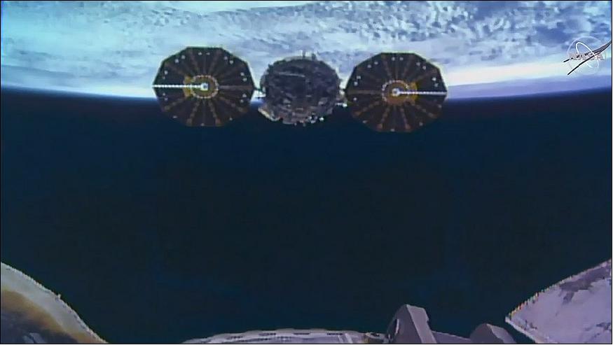Figure 7: The U.S. Cygnus space freighter from Northrop Grumman was released from the station’s robotic arm today at 11:15 a.m. EDT (image credit: NASA TV)