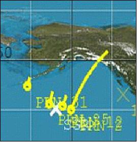 Figure 18: The map shows the SGR-ReSI targeting four potential reflected signals from GPS satellites around the Bay of Alaska (image credit: SSTL)