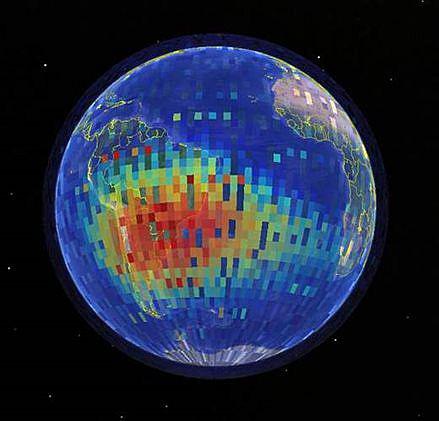 Figure 14: The RadMon data of TechDemoSat-1 is projected onto Earth to visualize the SAA (image credit: SSTL, SST-US)