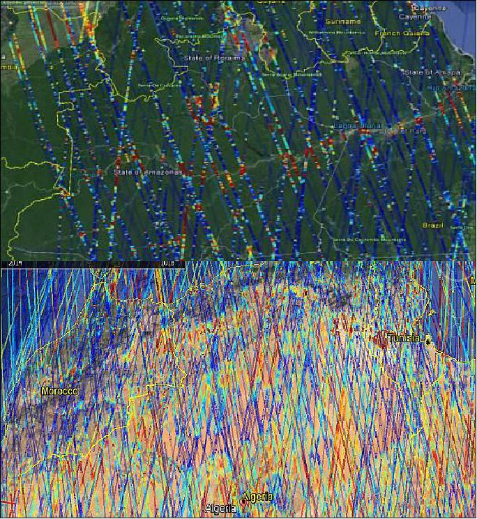 Figure 12: Reflected SNR over the Amazon Basin (top half); and North Africa (bottom half). Blue tracks indicate weak reflections, red tracks indicate strong reflections (image credit: NOC, SSTL)