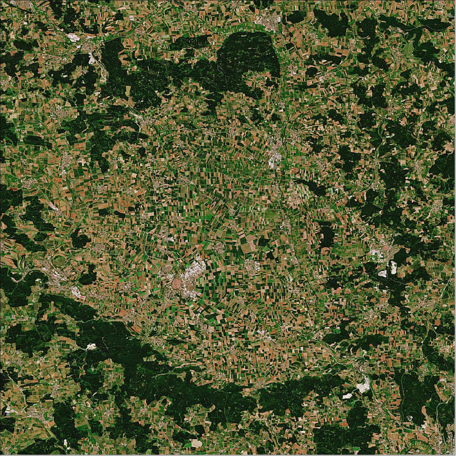 Figure 33: The Sentinel-2 satellite of ESA captured this image of the Nördlinger Ries on 1 July 2018, it is also featured on the Earth from Space video program (image credit: ESA, the image contains modified Copernicus Sentinel data (2018), processed by ESA, CC BY-SA 3.0 IGO)