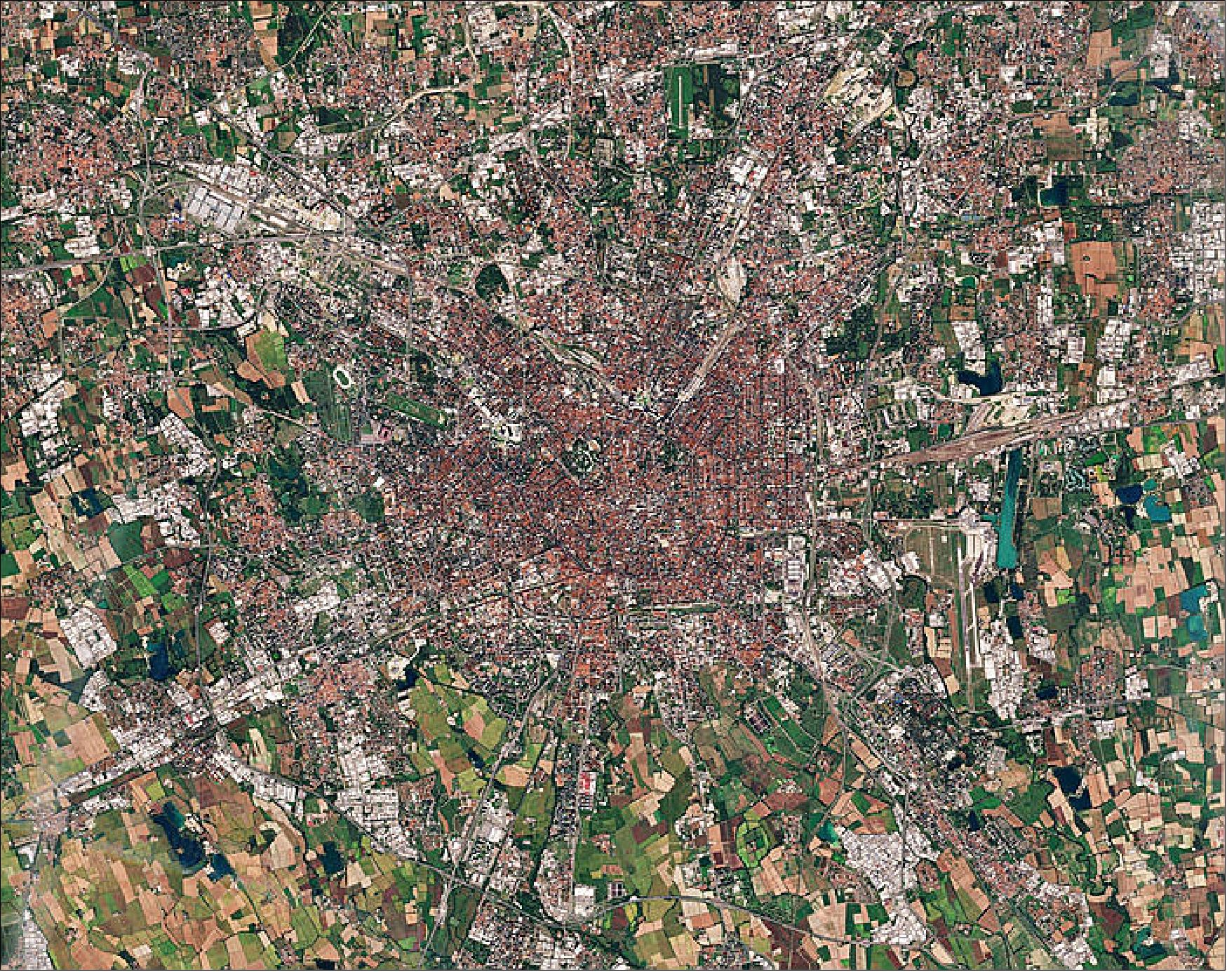Figure 32: In this high-resolution image, captured by Copernicus Sentinel-2 orbiting around 800 km above, the center of Milan is clearly visible. The famous Milan Cathedral or Duomo di Milano with its surrounding square can be seen in the center of the image. Taking six centuries to complete, it is one of the largest gothic cathedrals in the world. This image, also featured on the Earth from Space video program, was captured on 24 September 2018 by the Copernicus Sentinel-2 mission. (image credit: ESA, the image contains modified Copernicus Sentinel data (2018), processed by ESA, CC BY-SA 3.0 IGO)