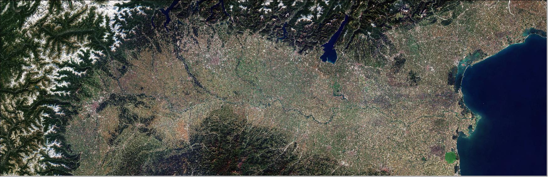 Figure 31: Image of the Po Valley, the most densely populated area in Italy, accounting for nearly half of the national population. This composite image contains several images captured between June 2018 and February 2019, allowing us to see the area free from clouds and smog. This image is also featured on the Earth from Space video program (image credit: ESA, the image contains modified Copernicus Sentinel data (2018–19), processed by ESA, CC BY-SA 3.0 IGO)
