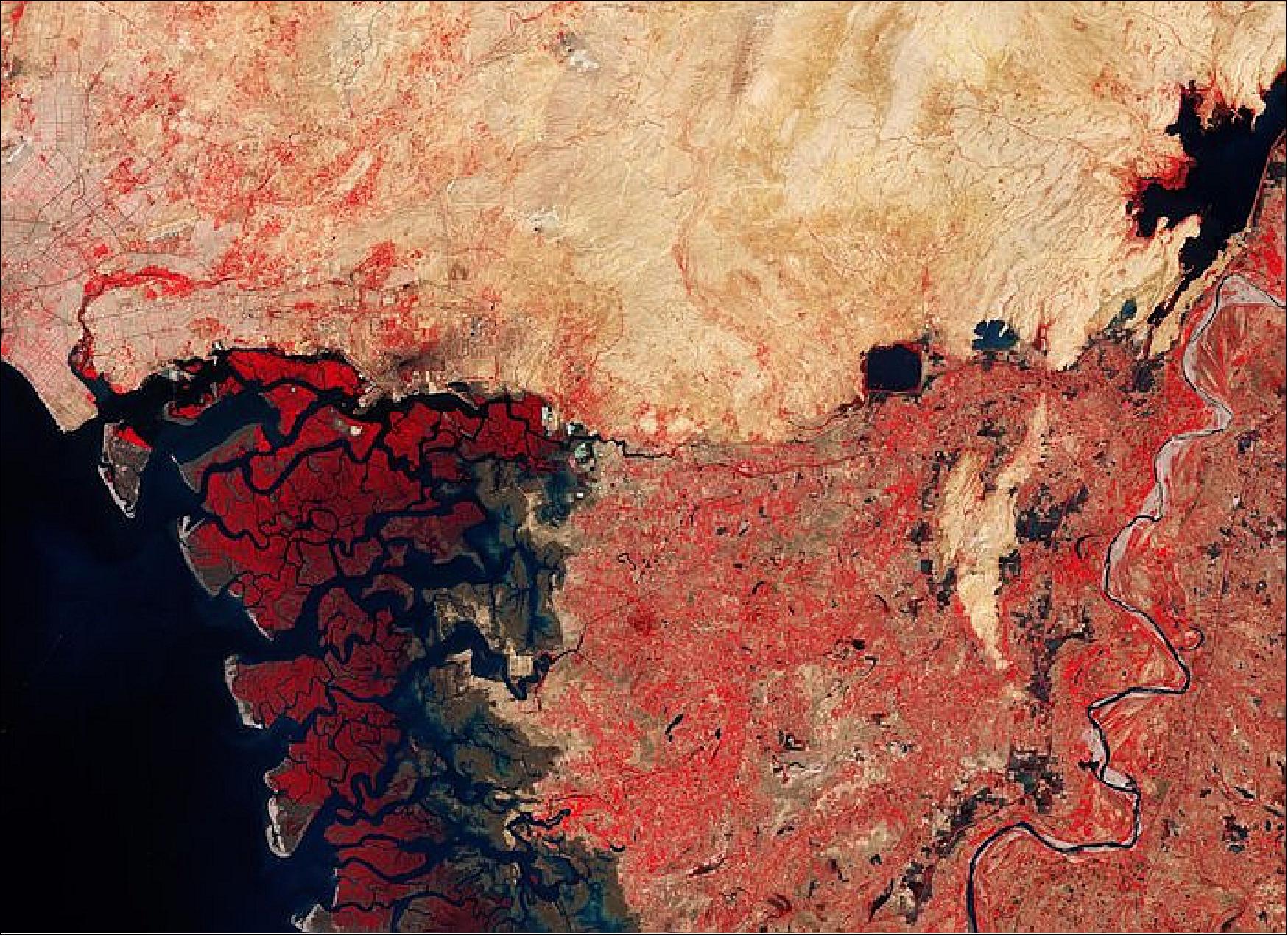 Figure 30: Captured on 14 April 2018 by the Copernicus Sentinel-2A satellite, this image shows western Pakistan and an important wetland area. This image is also featured on the Earth from Space video program (image credit: ESA, the image contains modified Copernicus Sentinel data (2018), processed by ESA, CC BY-SA 3.0 IGO)