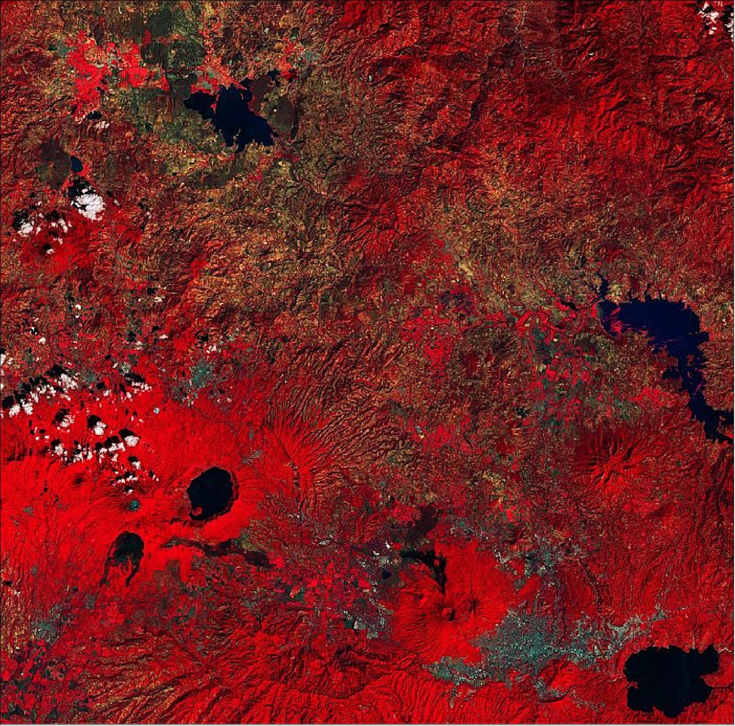 Figure 29: Captured on 30 January 2019, this false-color image was processed in a way that makes vegetation appear red. This image is also featured on the Earth from Space video program (image credit: ESA, the image contains modified Copernicus Sentinel data (2019), processed by ESA, CC BY-SA 3.0 IGO)