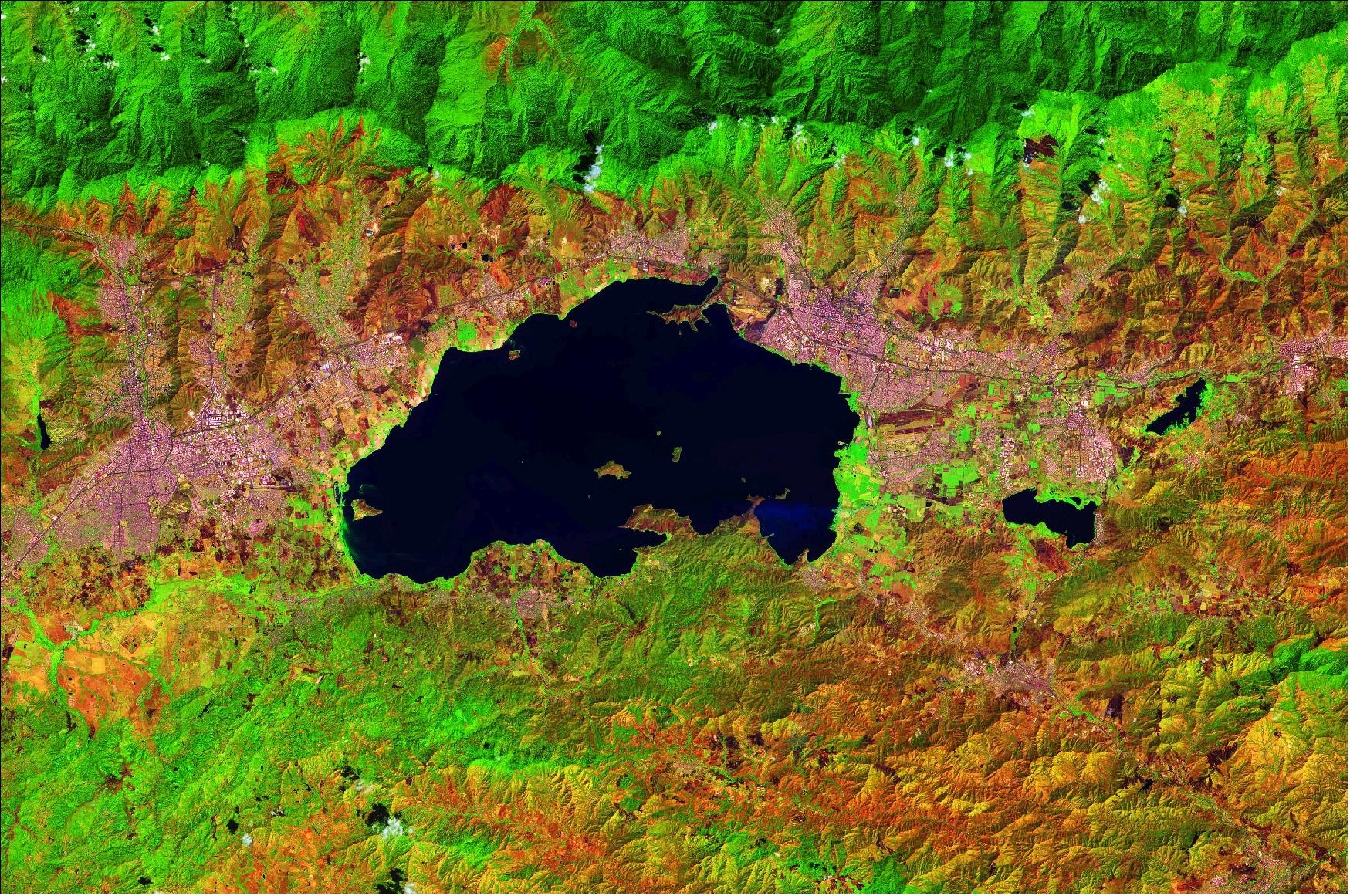 Figure 28: With a surface area of 370 km2, Lake Valencia formed a few million years ago and is now a reservoir for the cities of Valencia on the west shores and Maracay on the east shores. This image, which was captured on 2 February 2019 with Sentinel-2, is also featured on the Earth from Space video program (image credit: ESA, the image contains modified Copernicus Sentinel data (2019), processed by ESA, CC BY-SA 3.0 IGO)