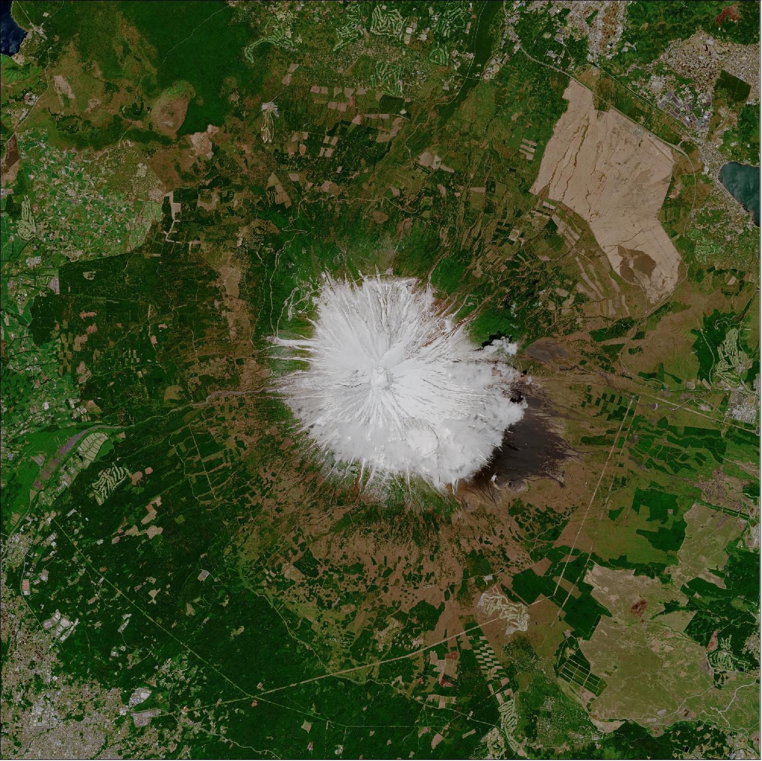 Figure 20: This snow-capped mountain is often shrouded in cloud and fog, but this image was captured on a clear day, by the Copernicus Sentinel-2A satellite - flying 800 km above. This image, captured on 8 May 2019, is also featured on the Earth from Space video program (image credit: ESA, the image contains modified Copernicus Sentinel data (2019), processed by ESA, CC BY-SA 3.0 IGO)