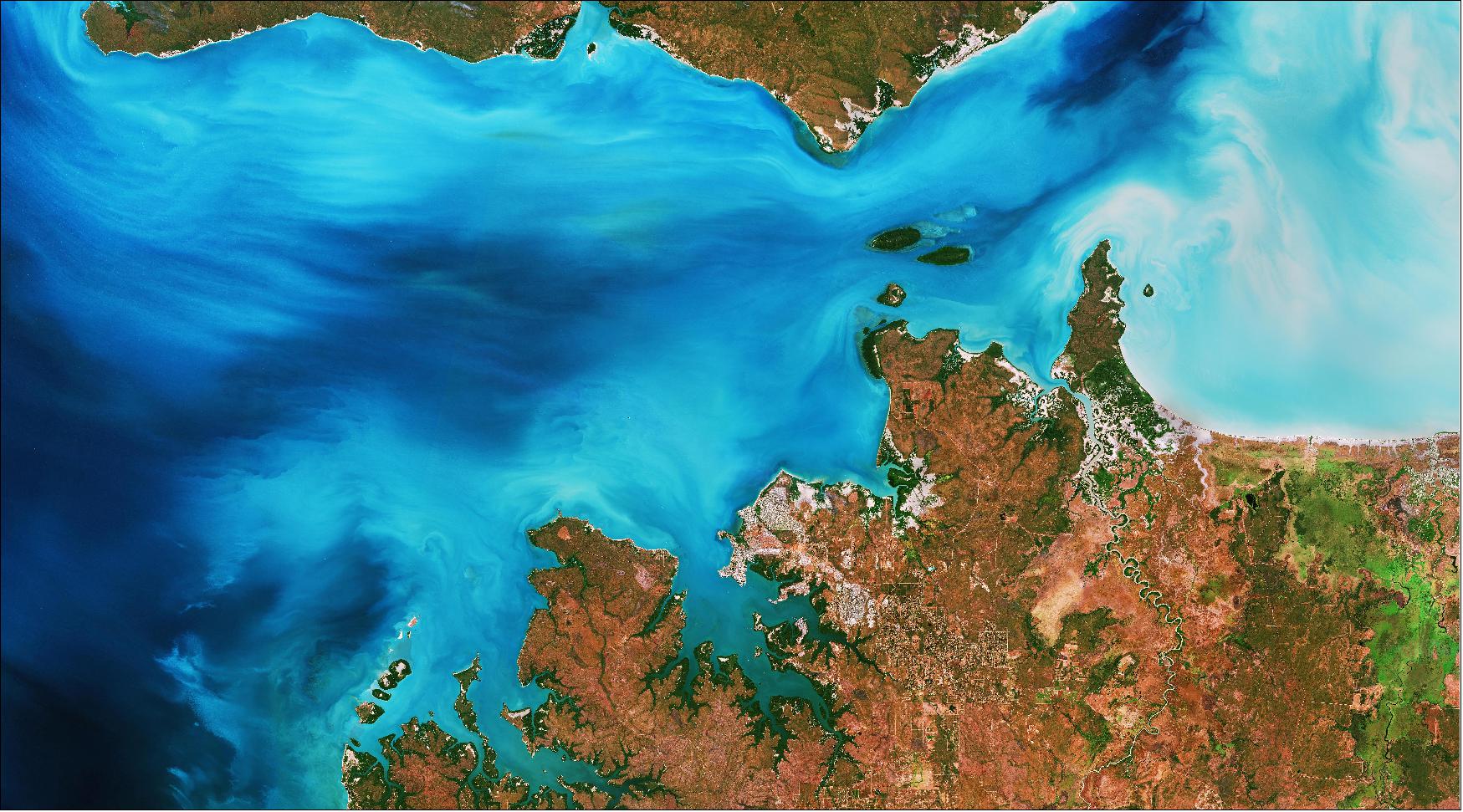 Figure 13: Sentinel-2 captured this image of the Clarence Strait on 24 June 2019; it is also featured on the Earth from Space video program (image credit: ESA, the image contains modified Copernicus Sentinel data (2019), processed by ESA, CC BY-SA 3.0 IGO)