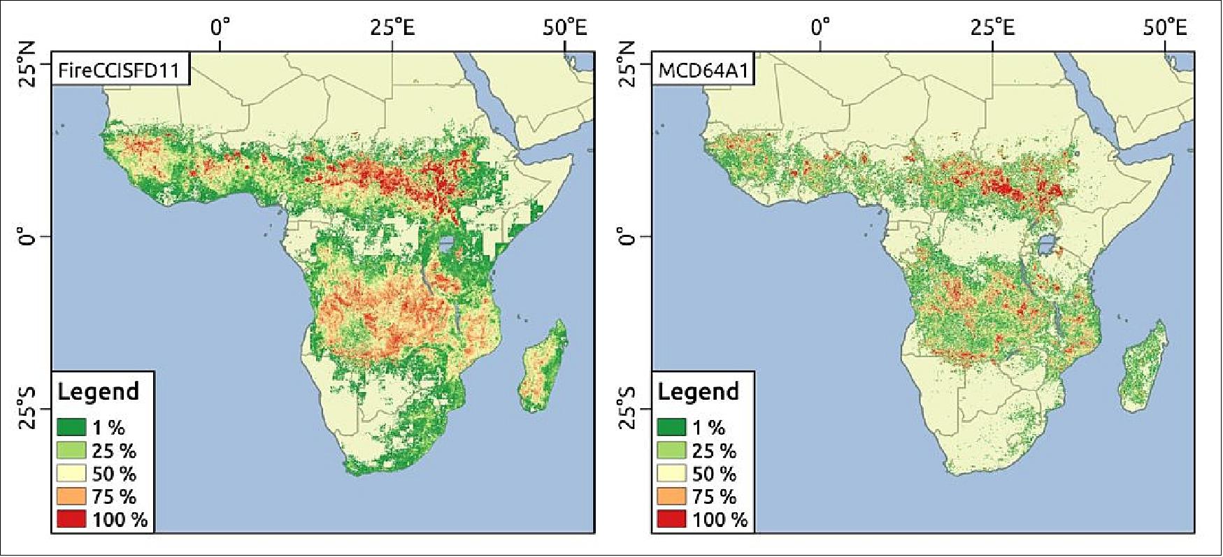 Figure 53: Copernicus Sentinel-2 reveals more fires in Africa than thought. The authors of Ref. 52) focussed on sub-Saharan Africa and found that 4.9 million km2 of land had been burned in 2016 (left image), which is 80% more than reported with information from coarser-resolution satellite sensors (right image). These new-found areas comprised mainly burned areas smaller than 100 ha (image credit: ESA, the image contains modified Copernicus Sentinel data (2016), processed by the University of the Basque Country–E. Roteta)