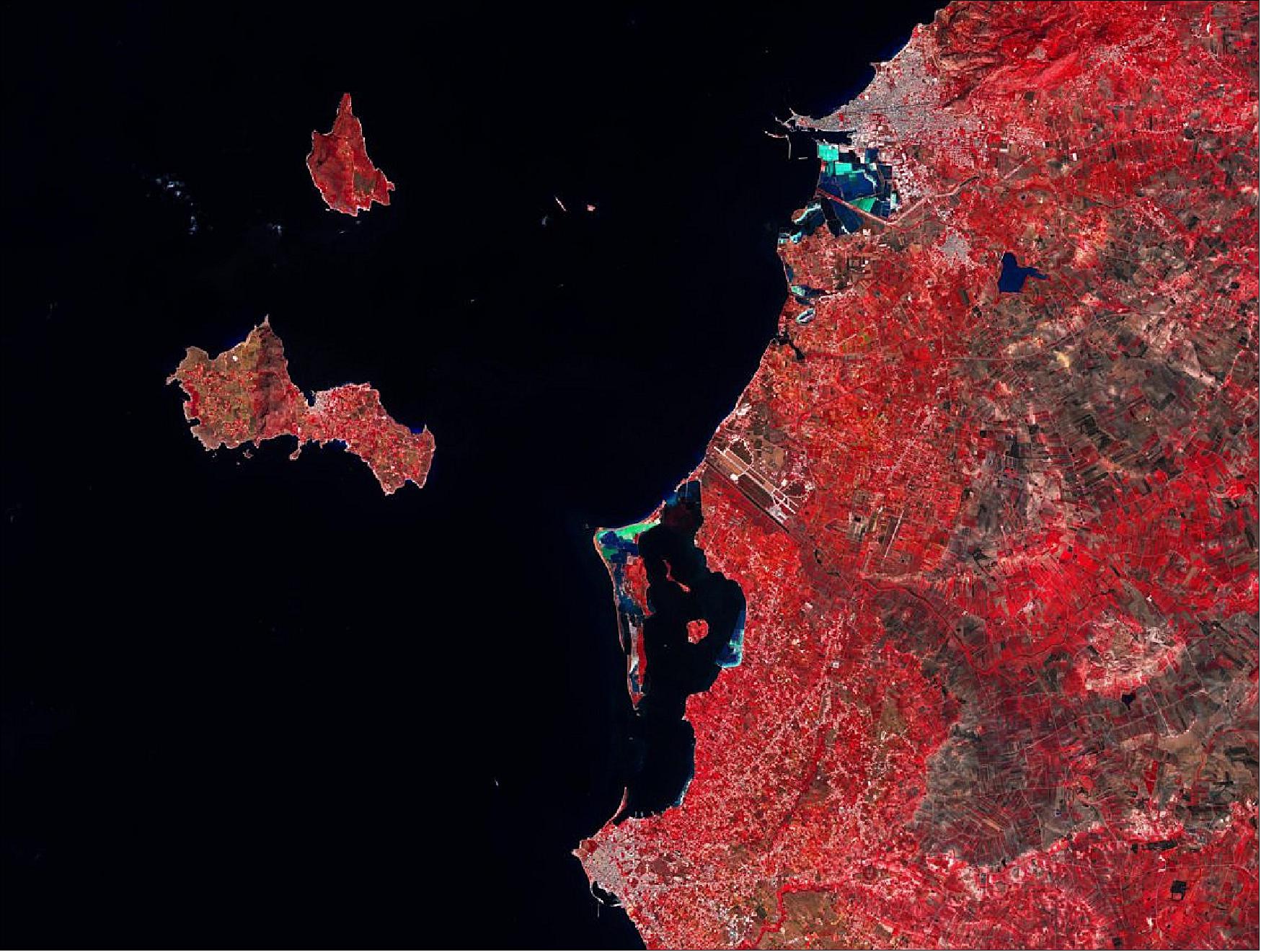 Figure 49: Captured on 3 September 2018 by the Copernicus Sentinel-2A satellite, this false-color image shows part of western Sicily in Italy and two of the main Aegadian Islands: Favignana and Levanzo. This image is also featured on the Earth from Space video program (image credit: ESA, the image contains modified Copernicus Sentinel data (2018), processed by ESA, CC BY-SA 3.0 IGO)