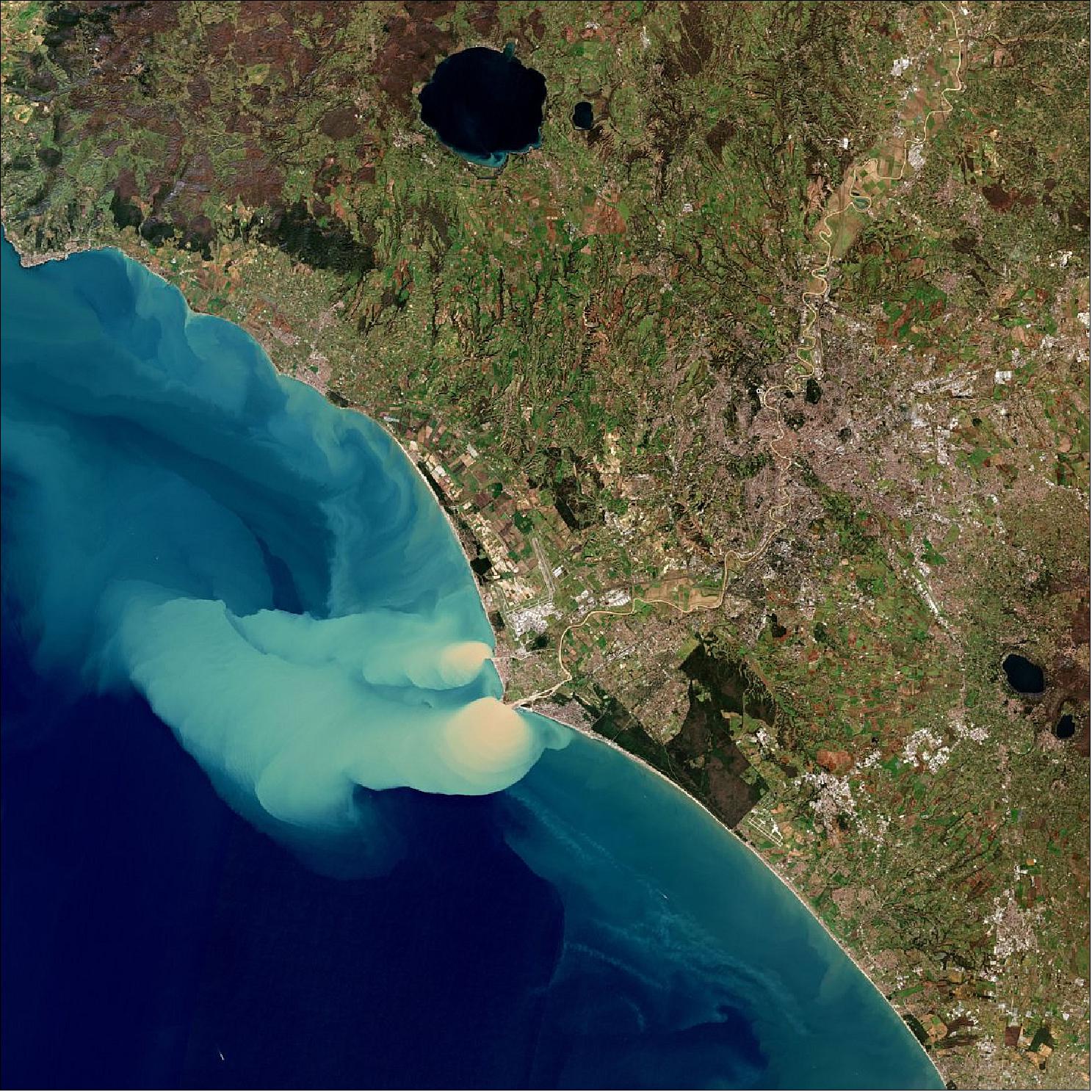Figure 48: The Copernicus Sentinel-2B satellite captured this true-color image on 5 February 2019, just three days after heavy rainfall in Rome and the surrounding area of Lazio, Italy. It shows sediment gushing into the Tyrrhenian Sea, part of the Mediterranean Sea. The downpour on 2 February led to flooded streets, the closing of the banks of the Tiber River and several roads (image credit: ESA, the image contains modified Copernicus Sentinel data (2019), processed by ESA, CC BY-SA 3.0 IGO)