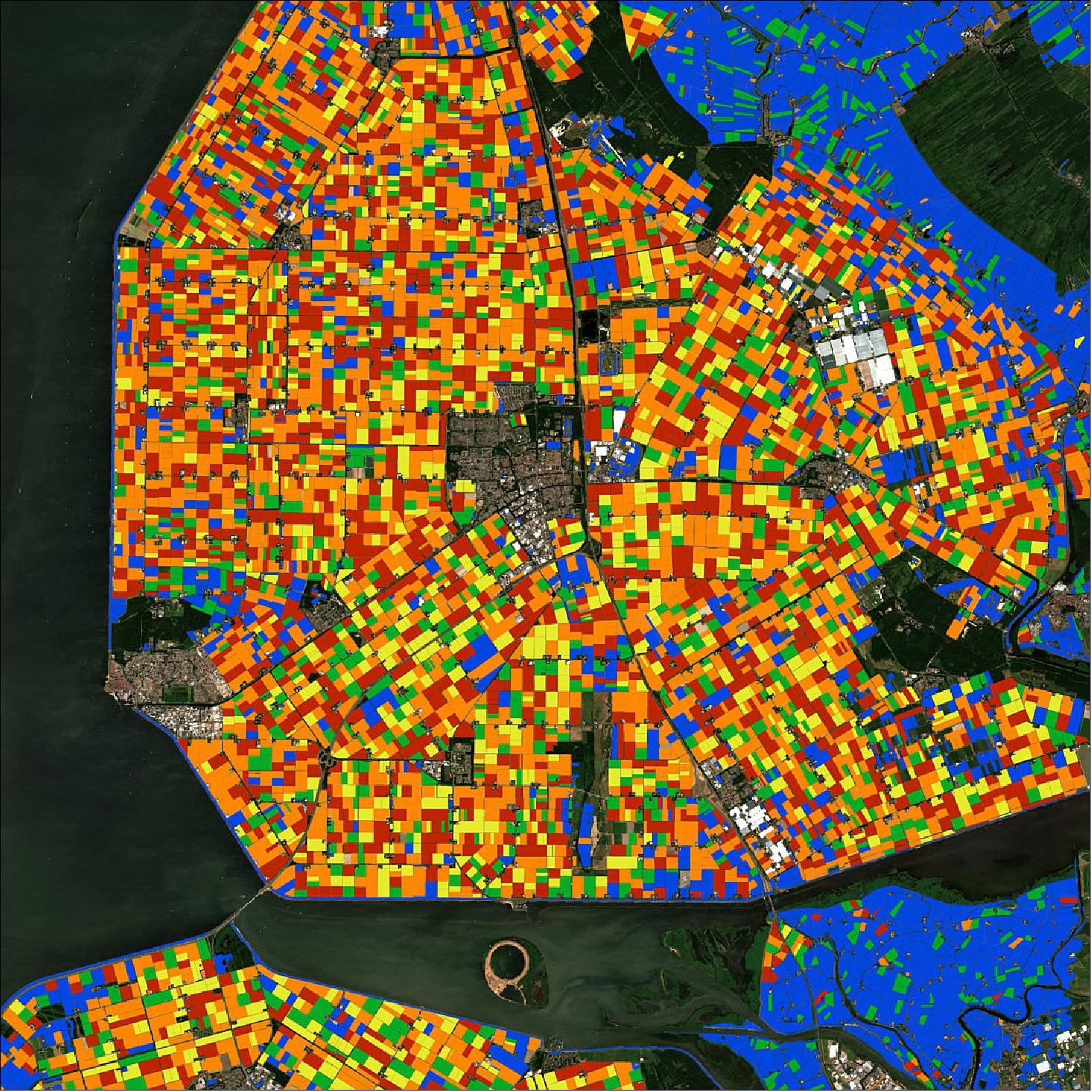 Figure 46: The image shows different crop types around Emmelrod in the Netherlands. Here, green shows summer crops, red is potatoes, orange is market crops, yellow is cereals and blue depicts grassland. The area is important for the agrofood sector and, in particular, has strong ties to the international potato industry. By integrating Copernicus Sentinel-2 based crop-type monitoring directly into existing industry workflows, the agrofood industry can gain information about the growth and potential yield of crops, potatoes in particular, including the impact of ongoing droughts (image credit: ESA, the image contains modified Copernicus Sentinel data (2018), processed by GeoVille)
