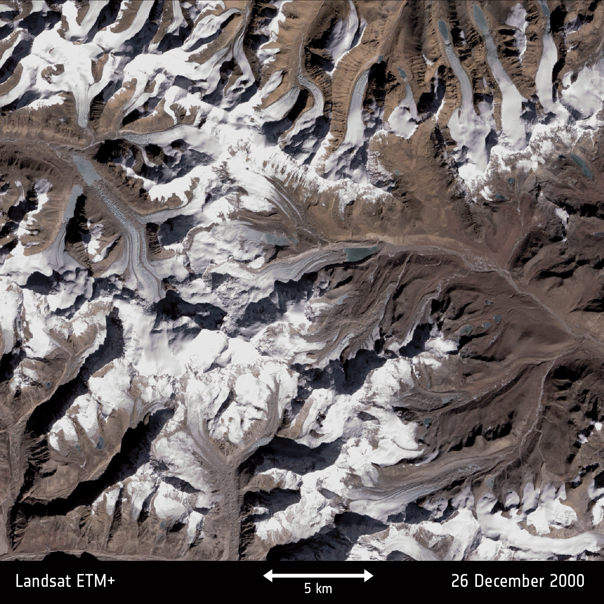 Figure 40: Glacial decline (10 December 2018). 40) A paper published recently in Nature Geosciences describes how a multitude of satellite images have been used to reveal that there has actually been a slowdown in the rate at which glaciers slide down the high mountains of Asia. This animation simply shows how glaciers in Sikkim in northeast India have changed between 2000 and 2018. One of the images is from the NASA/USGS Landsat-7 mission captured on 26 December 2000 and the other is from Europe’s Copernicus Sentinel-2A satellite captured on 6 December 2018 [image credit: NASA/USGS/University of Edinburgh/ETH Zurich/ the image contains modified Copernicus Sentinel data (2018)]