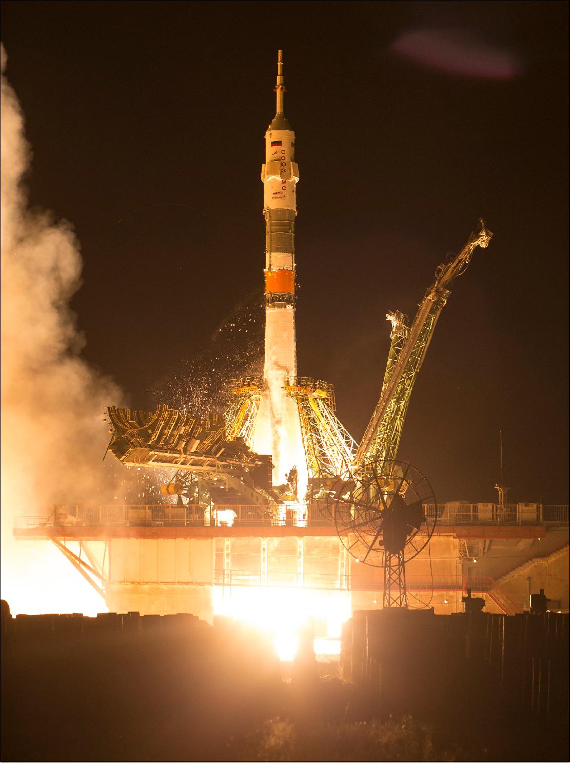 Figure 73: The Soyuz MS-13 carrying Expedition 60 Soyuz Commander Alexander Skvortsov of Roscosmos, flight engineer Drew Morgan of NASA, and flight engineer Luca Parmitano of ESA (European Space Agency), launches at 12:28 p.m. EDT (9:28 p.m. Baikonur time) Saturday, July 20, 2019, from the Baikonur Cosmodrome in Kazakhstan (image credit: NASA/Joel Kowsky)