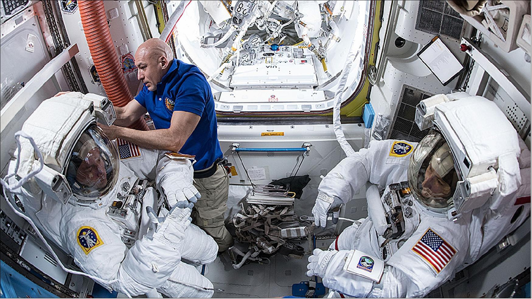 Figure 40: Expedition 61 Commander Luca Parmitano of ESA (European Space Agency) assists NASA astronauts Andrew Morgan (left) and Christina Koch (right) in their U.S. spacesuits (image credit: NASA)