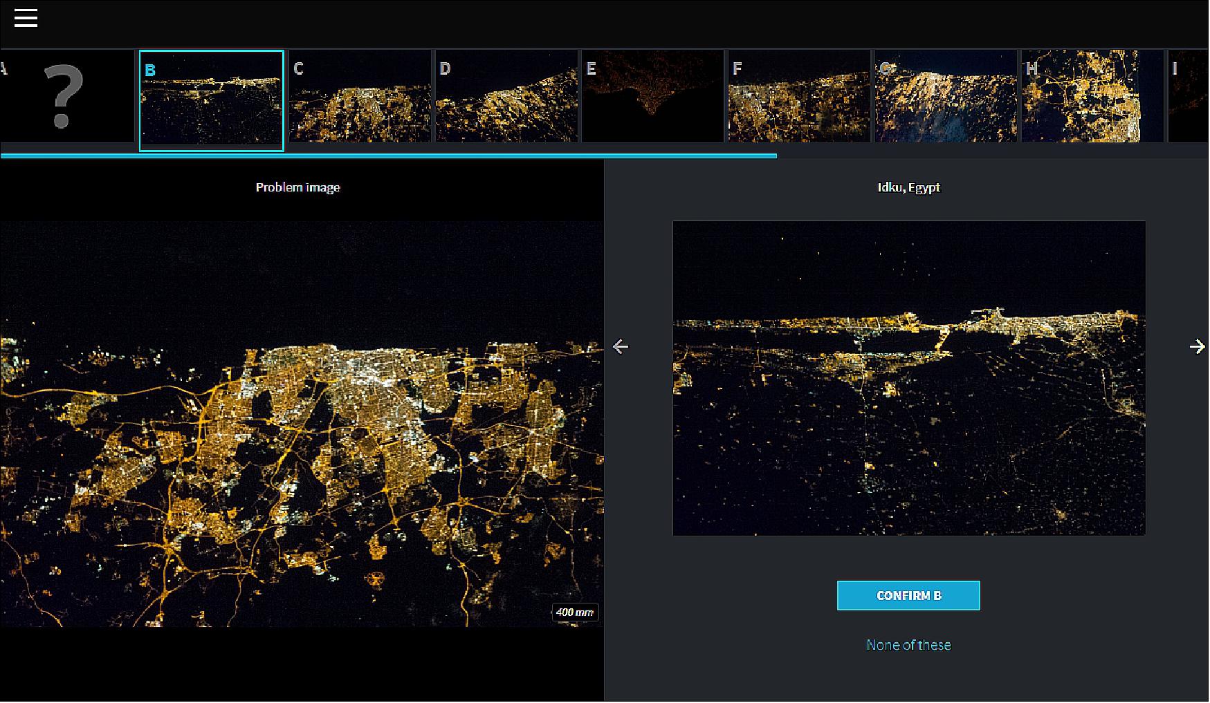 Figure 39: Lost at Night interface. To tackle light pollution citizen scientists are urged to help map out the problem on their smartphones by identifying images of cities taken from space. Lost at Night uses the power of citizen science to match images and identify the location of the astronauts’ photographs online. Users are presented an image from an unknown city and they must try to find the best match by comparing it with several options. This helps the study of light pollution and how it affects life on our planet (image credit: Lost at Night)