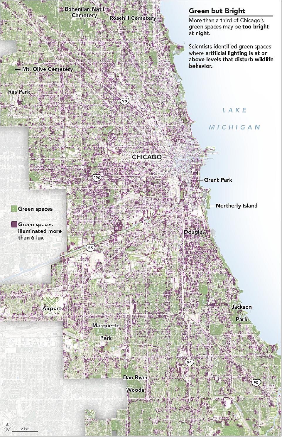 Figure 29: January 19, 2008 - October 9, 2013. Using this information, the team mapped where electric light pollution in Chicago is likely to have the largest effect on wildlife. This image shows the green spaces in Chicago and whether they are above or below light levels of 6 lux. Land cover data come from the Chicago Metropolitan Agency of Planning. To determine the lux levels, the researchers used the photos from the ISS, measuring the value of each pixel to determine which areas were above and below 6 lux.