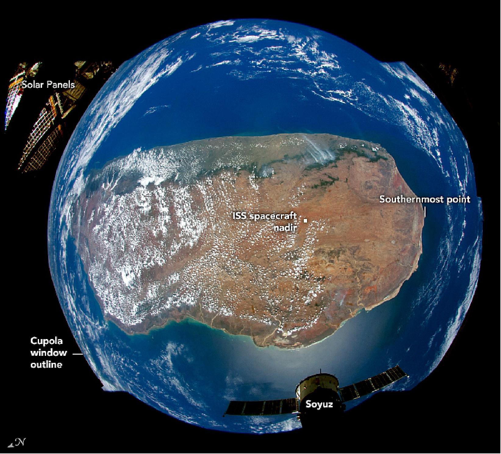 Figure 22: Different lens sizes and camera angles provide wildly different views of Madagascar. The astronaut photograph ISS053-E-202989 was acquired on 6 November 2017, with a Nikon D4 digital camera using a 10 mm lens. Both images were provided by the ISS Crew Earth Observations Facility and the Earth Science and Remote Sensing Unit, Johnson Space Center. This image was taken by members of the Expedition 53 crew (image credit: NASA Earth Observatory, caption by Andrea Meado)