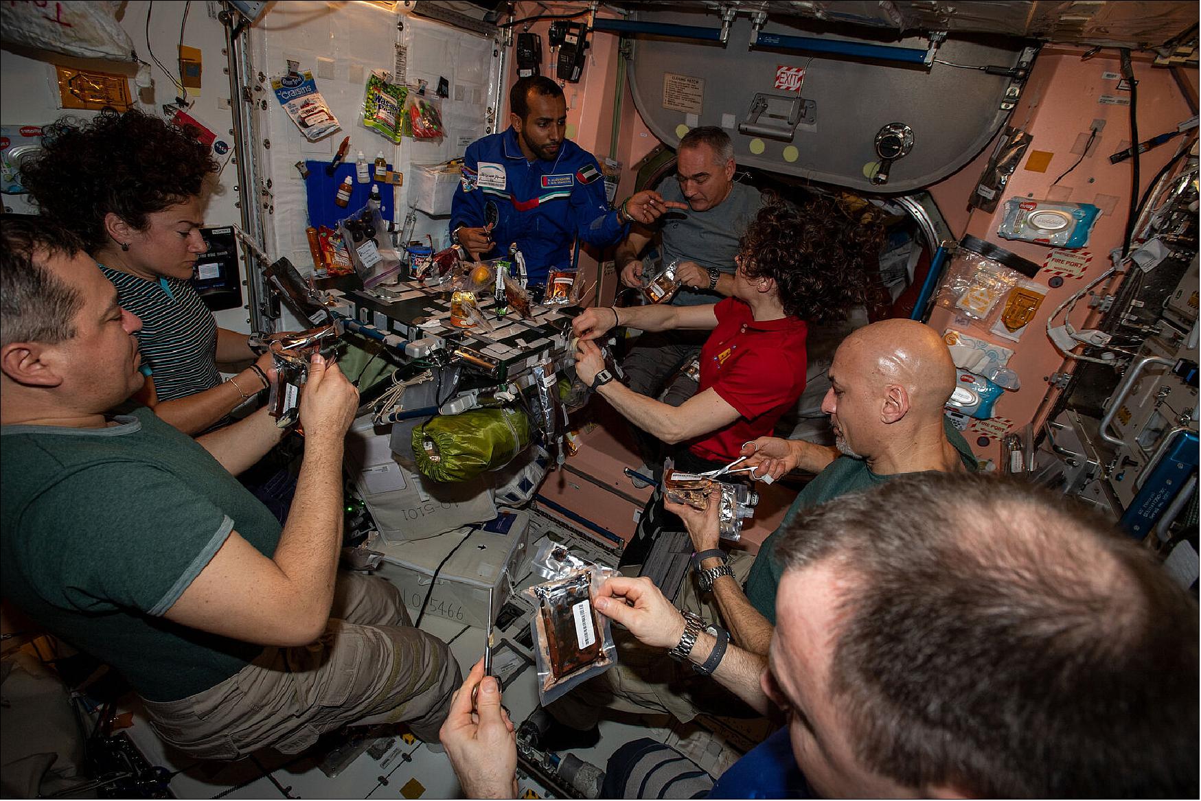 Figure 6: When Earth is so far away, it helps to have friends nearby. The usual six-astronaut crew of the ISS welcomed three more and a cargo vehicle September 2019, making for a full house on the orbital outpost. The arrival of NASA astronaut Jessica Meir, Russian cosmonaut Oleg Skripochka and the first United Arab Emirates (UAE) astronaut Hazza Al Mansouri on 25 September was followed by the Japanese HTV-8 space freighter the next day, bringing over four tonnes of supplies and fresh science. - With nine people on board, the Space Station was even busier and nosier than usual, including at mealtimes. This image was taken of the team gathered for a celebratory dinner in the Russian Zvezda module, the food preparation area of the Space Station. - Astronauts try to maintain a routine that includes social time to unwind and build camaraderie. This is especially important in a multicultural environment. A total of 239 people from 19 countries have visited the space home, and as of Luca’s current mission Beyond, there are 4 nationalities on board (image credit: NASA) 3)
