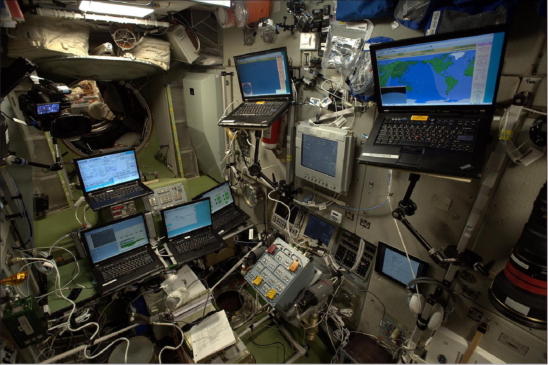 Figure 3: Space station office. The setup in the Russian Zvezda module on the ISS shortly before the docking of Europe's Automated Transfer Vehicle Georges Lemaître (ATV-5). ESA astronaut Alexander Gerst took this picture during his six-month Blue Dot mission running experiments and maintaining the world's weightless research center in space. He Tweeted the image with the text "My office"(image credit: ESA/NASA)